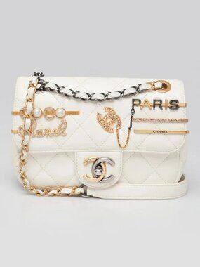 Chanel White Quilted Lambskin Leather Coco Clips Rectangular Mini Flap Bag